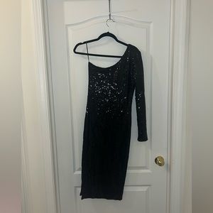 Sequin one-shoulder dress with slit on left side